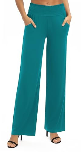 EXCHIC Femmes Solide Ample Jambe Droite Palazzo Pantalon Taille Haute Extensible Décontractés Pantalon avec Poches(L, Vert Bleu)