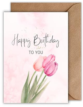 WBdesignz Geburtstag Karte mit Umschlag - Geburtstagskarte “Happy Birthday to you” Pinke Tulpen Handschrift Aquarell Geburtstagsgruß für Frauen Geschenkkarte zum Geburtstag (DIN A6)