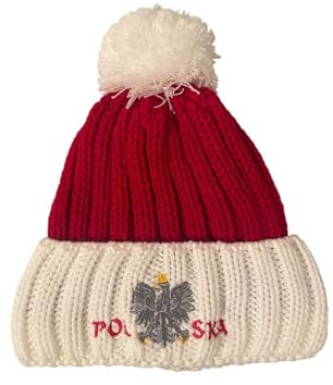 Wintermütze mit Polen-Symbolen und Polen-Folklore-Designs mit bunten Bommeln, warm, zweilagig, Souvenir, Geschenk aus Polen, Weiß und Rot (weißer Pompon), Einheitsgr��e