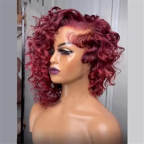 Kurze, Lockige Echthaarperücke, 13 X 6 Lace-Front-Bob-Perücke, Burgunderrot, Pixie-Cut, Lace-Front-Perücke Für Frauen