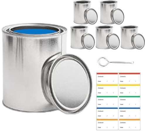 Farbdose - 6 Farbeimer ohne Futter | Farbbehälter mit Dosenöffner und Aufklebern | Garagen-Organizer, Silbereimer für Lösungsmittel, Bastelarbeiten und Kunstprojekte