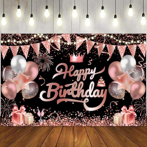 Happy Birthday Banner Black Rose Gold Birthday Backdrop 180 * 110cm Happy birthday Photo Backdrop Pink & Black Happy birthday Banner Decorations for Girls Women Birthday Anniversary Party Supplies