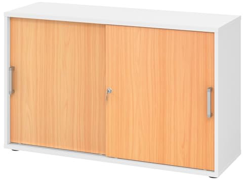 bümö Schiebetürenschrank 2OH - Aktenschrank abschließbar, Sideboard Schrank mit Schiebetüren in Weiß/Buche, Chromgriff - Büroschrank aus Holz mit Schiebetür, Büro Kommode für Ordner & Co.