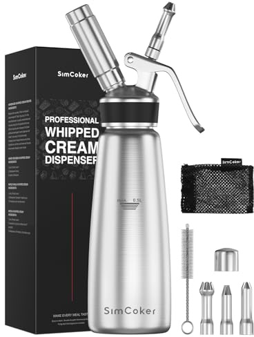 Whipped Cream Dispenser, Silver Stainless Steel 500 mL Whipper | 304 stainless steel cream whipper with 3 decorating nozzles, brush and storage bag; N2O chargers not included