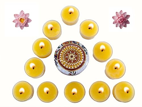 Velas de Té Cera de Abeja 100% Natural Española (Pack 12) +1 Portavelas, NO Parafina, Aroma a Miel, Mecha de Algodón, Quemado Limpio (~4,5 h), Compatibles con Portavelas, Artsesanales