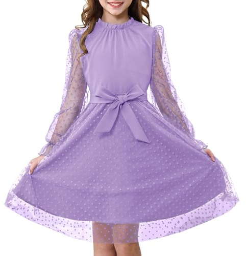 Roalnko Abito a Maniche Lunghe a Volantino per Ragazza, Vita Alta con Cintura Linea A Collo Volant Mesh a Contrasto Abiti da Principessa per Festa in Tulle
