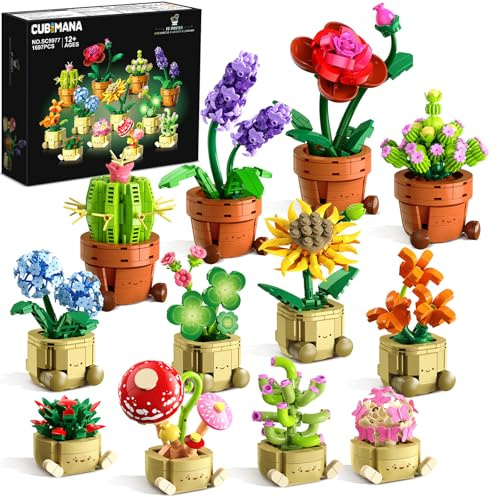 CUBIMANA 12er Blumen Botanicals Mini Bausätze für Erwachsene Kinder ab 10+ | 3,6 mm künstliche Flowers Bauspielzeug, Topf mit Ausdruck Beinen, Dekoration für Zuhause Büro, Geburtstagsgeschenk für Frauen