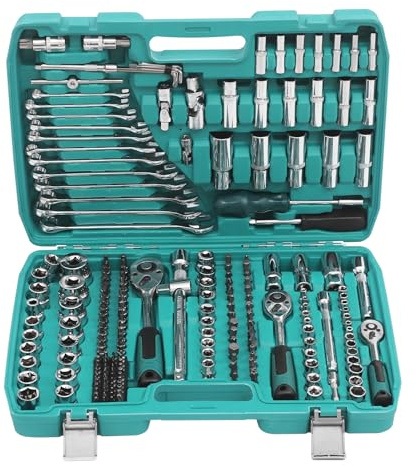 Fyssnn Juego de llaves de 216 piezas con 24 dientes de carraca y liberación rápida, juego de herramientas de reparación de automóviles, maletín de herramientas para taller de automóviles, reparación
