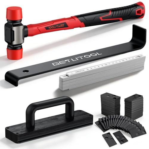 GETLITOOL Laminat Verlegeset, 64tlg Bodenleger Werkzeug mit Zugeisen, Schlagklotz mit Griff, 60x Abstandkeile, 2m Zollstock & Gummihammer, bequem und effizient für Laminat, Parkett & Vinylboden