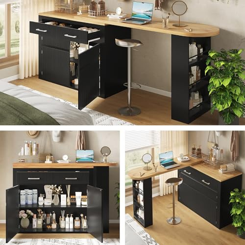 KUAKE Moderner Ausziehbarer Bartisch mit Stauraum,Teleskopischer mit Einer Schublade und Zwei Regalen, Hochtisch Kücheninsel Bistro Table (Schwarz)