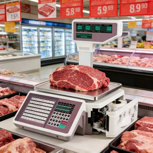 ORIDLECTAL Belegetikettendruckwaage, Digitale Etikettendruck Waage, Kassenwaage für Gewerbe. Mit doppelseitiger Anzeige, Wiegebereich 30 kg, 63 Schnelltasten, Netzbetrieb 110-240V