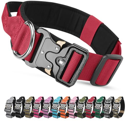AKOFIC Taktisches Hundehalsband mit Griff, Breites Halsband Hund Gepolstert aus Nylon, Verstellbar Robuster Dog Collar mit Metallschnalle für Mittlere Große Hunde (Rot, XL)