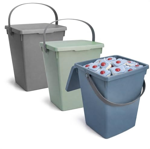 com-four® Set 3 Contenitori con Coperchio e Manico 5 L, Scatola Plastica | Pattumiera - Porta Mollette Bucato [Scelta variabile]