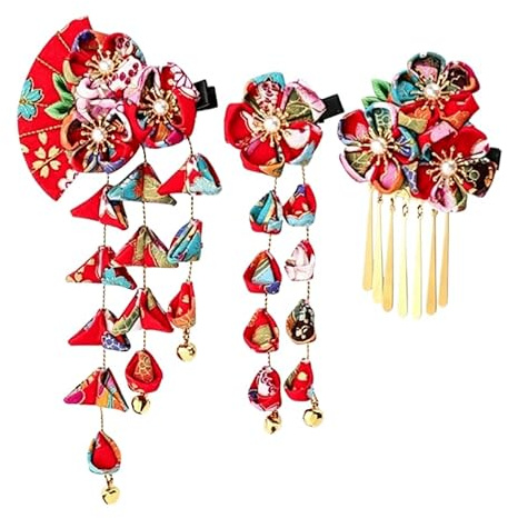 TINAYAUE 3 Stück Japanischer Haarspange Damen Traditionelle Haarnadel mit Quaste Tsumami Kanzashi Hairclips Mädchen Blüten Glöckchen Haarschmuck für Hanfu Kimono Yukata Cosplay Hochzeit