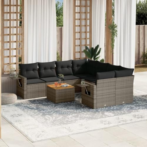 Ccslina 9-TLG. Garten-Sofagarnitur mit Kissen Grau Poly Rattan, wetterfestes Lounge Sofa mit modularem Anbau, Aluminiumgestell, Holz Tisch, Polster für Terrasse, Balkon, Außenbereich