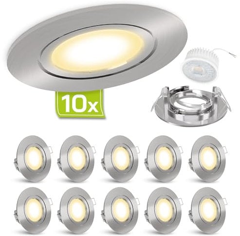 linovum Einbauleuchte LED flach Set 10 Stück 230V gebürstete Optik - runde Spot Deckenleuchten inkl. LED warmweiß 4W 230V