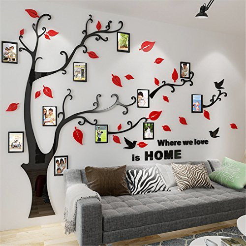 Wandtattoo Baum 3D DIY Wandaufkleber Family Stammbaum Fotowand Baum Wandtattoo Wall Sticker mit Bilderrahmen Foto Wandsticker Wanddeko Deko Wohnzimmer Schlafzimmer (Rot Rechts,XL)