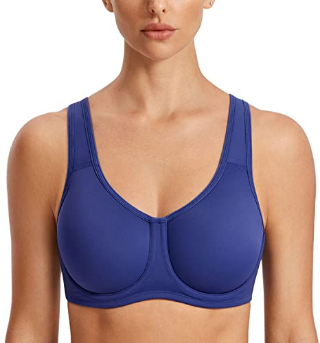 SYROKAN Women's Max Control Solid High Impact Plus Size Underwire Sports Bra for Large Breasts Midnight Blue 34F