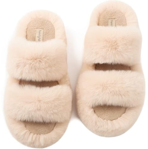 FamilyFairy Women's Fluffy Slippers Open Toe Slides (7-8, Beige)