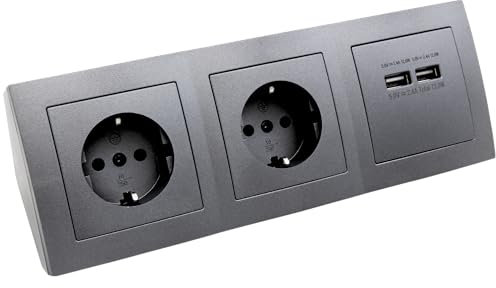 MC POWER Steckdosenblock Unterbausteckdosen | FLAIR | 2-fach Steckdose + 2x USB-A, 15cm Kabel, 230V~ / 16A, Ecksteckdose Büro Schreibtisch Küche, dunkelgrau anthrazit matt