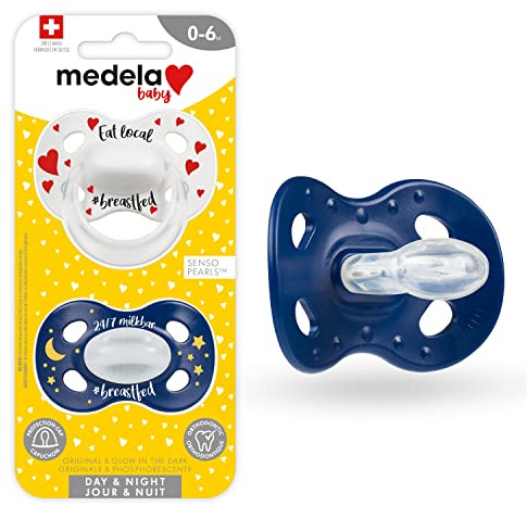 Medela Baby Pacifier | Day and Night Glow in The Dark | 0-6 Months | 2-Pack, Lightweight | BPA-Free | Supports Natural Suckling | Eat Local and 24/7 Milkbar