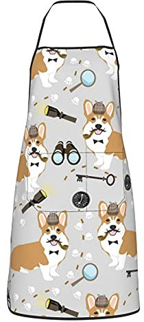 MSINCUDJ Küchenschürzen,Corgi Detective Sherlock Dog Grey Kochschürze mit Taschen,wasserdichte Kochschürze Verstellbares Lätzchen für Unisex