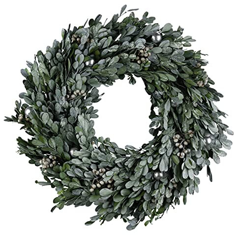 Gehlmann Kunstgewerbe Türkranz Wandkranz Adventskranz Weihnachten Grün Silber Buchsbaum-Kranz Ø35cm