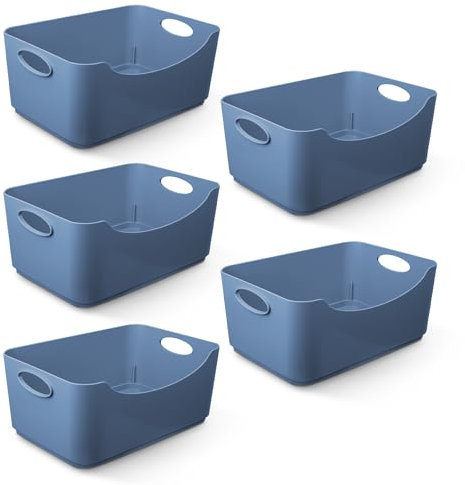 KEPLIN 5 Pack Black Plastic Studio Storage Basket, Portable Container Boxes with Handles for Storage Organisation in Home & Office, Shelfs, Drawers, Kitchen & Cupboards (25.5x17x11cm)