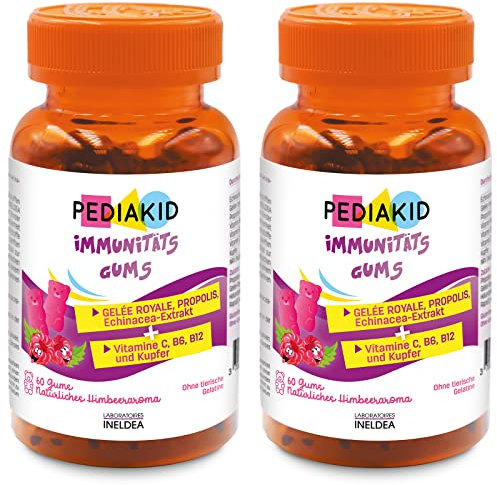 PEDIAKID - Immunitäts gums - Natürliche Formel mit köstlichem Himbeeraroma - Trägt zur normalen Funktion des Immunsystems bei - Unterstützt die Körperabwehr - 2 x 60 gums