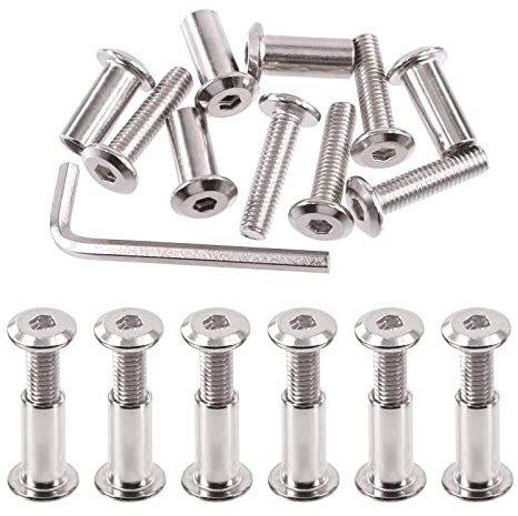 Swpeet Juego de 25 tornillos de unión de plata chapados en níquel M6 x 25 mm, tornillos de cabeza hexagonal, tuercas de barril con 1 llave Allen, poste de tornillo para muebles