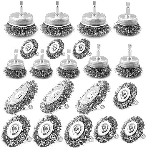 ATOPLEE Wire Brush for Drill, 21Pcs Wire Brush Wheel Cup Brush Set,1/4 Inch Hex Shank Coarse Carbon Steel Crimped Wire Wheel for Removal of Rust/Corrosion/Paint