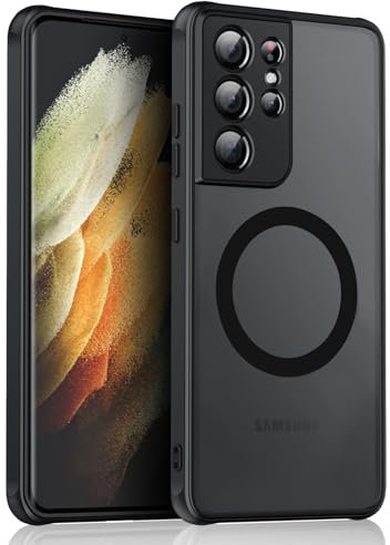 HikerClub Magnetische Hülle für Galaxy S21 Ultra (2021), Kompatibel mit Drahtlosem Magnetischem Laden, Schwarz Transluzente Matt Rückseite Stoßfeste Handyhülle
