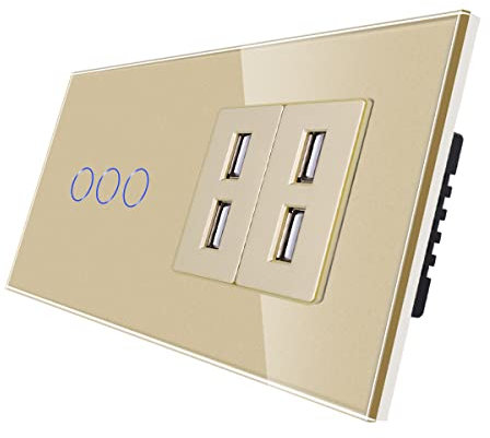 CNBINGO Interruptor de luz táctil con 4 puertos USB de 2,4 A, interruptor táctil triple con marco de cristal y led de estado. Interruptor de pared empotrable en dorado, 500 W/compartimento