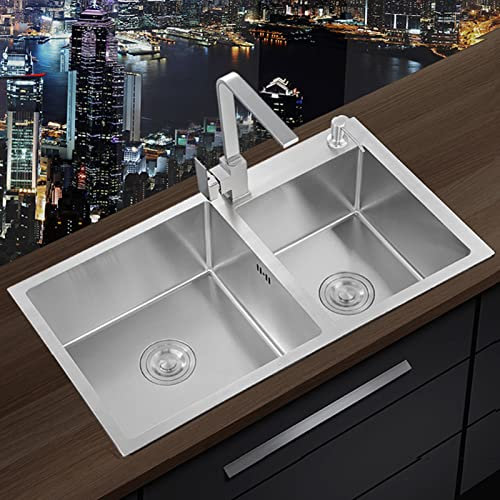 HGTRH Lavandino Cucina Acciaio Inox AntiGraffio Filotop, Lavello Cucina 2 Vasche con Gocciolatoio, Lavandino Cucina Acciaio Inox AntiGraffio Filotop, Olioantiaderente Lavello Sottotop 2 Vasche