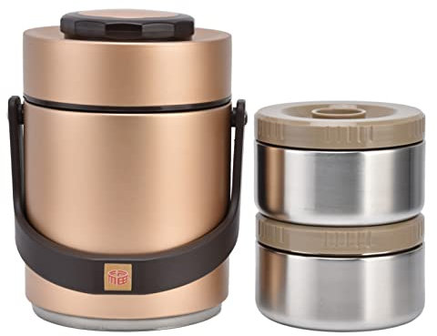 Jenngaoo Fiambrera al Vacío de 1500ml, Tarro de Comida Aislado de Acero Inoxidable 304 de 2 Niveles, Contenedor Térmico para Almuerzo para Adultos para Comida Fría o Caliente(Oro)