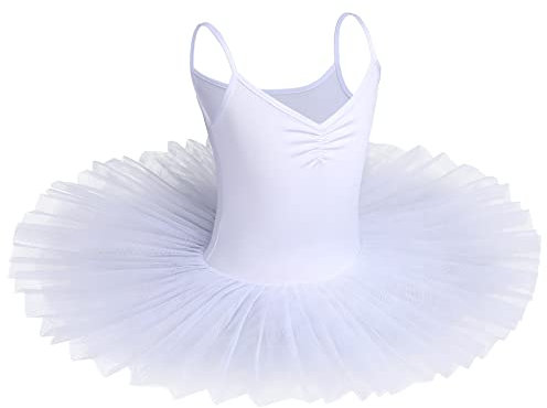 IBAKOM Girls Swan Lake Ballet Dance Tutu Dress V Neck Camisole Leotard Dancewear Ballerina Dancing Costume Gymnastic Spaghetti Strap Sleeveless Dance Outfit White 13-14 Years