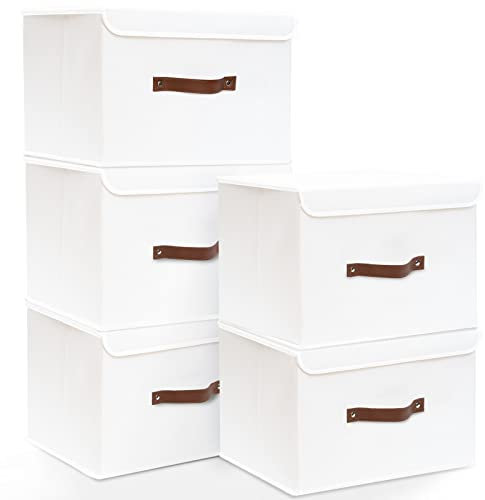 Yawinhe Storage Boxes with Lids 5 Pack, Collapsible Storage Bin with Handle, for Organizing Clothes, 38x25x25cm, White, SNK018WL-5