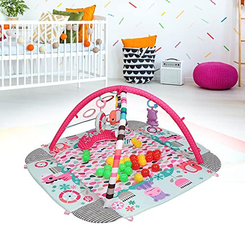 XUANYU Alfombra de Juego, Gimansio de Actividades para Bebés, Alfombra Bebe con Arco de Juego y Juguetes Sensoriales, Piscina de Bolas (Rosa A)