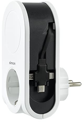 Adapter 3 USB-Stecker + 1 USB A + 1 Steckdose 16 A 250 V SIMON | 0,8 m einziehbares Kabel. Kompakte Größe: 121 x 65 x 76 mm. Smart Charge-Technologie für schnelles und effizientes Laden
