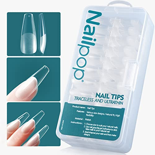 Nailpop 600 Pièces/Boîte Capsule Americaine Ongle, Long Cercueil Faux Ongles, Ballerines Ongle Pose Gel x Américaine, Acrylique French Manucure, Femmes Gift, Doux et Confortable