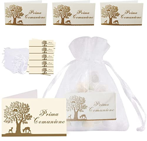 Dolplp! 50 personalisierte Gastgeschenke zur Erstkommunion, 50 Kärtchen zur Erstkommunion, Baum des Lebens+50 weiße Tüten für Kommunion, Gastgeschenke zur Konfirmation für Jungen und Mädchen