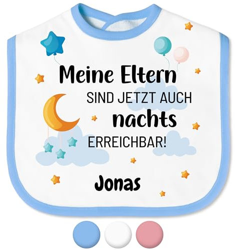 Baby Lätzchen „Eltern sind nachts erreichbar“ mit Namen personalisiert für Mädchen & Jungen - mit Klettverschluss – Spucktuch Latz Kinderlätzchen – Baby-Geschenke Taufgeschenke (Saum Blau, Blau)