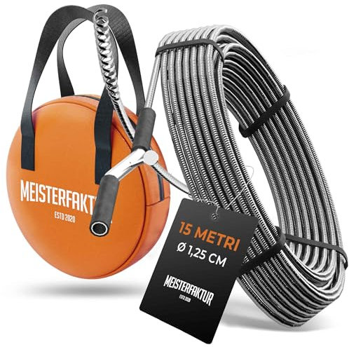 Meisterfaktur Desatascador Tuberias 3.0 [15 m] - muy Larga - Espiral para Desatascar Tuberias para Atascos Graves y Difíciles - ¡Limpiador de Desagües y de Tuberías para Aficionados al Bricolaje!