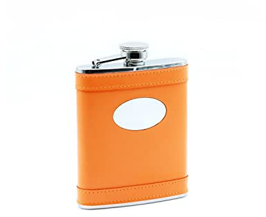 Hip Flask 6oz Orange Leather Wrapped and Oval Patch 18/8 Stainless Steel