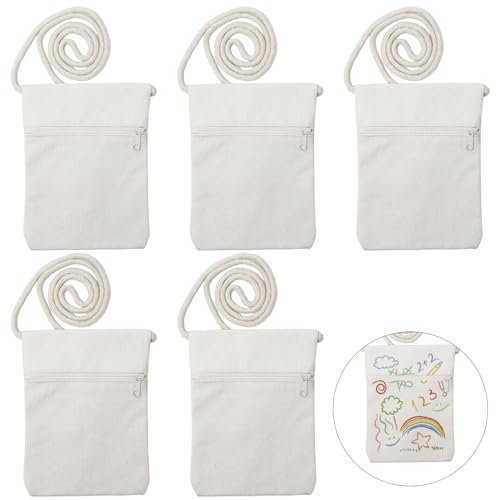 UTMACH 5 Stück Kinder Umhängegeldbeutel zum Bemalen Kleine Stoffbeutel zum Bemalen für Kinder Stoffbeutel zum Umhängen Brustbeutel zum Bemalen für Kinder Geschenk Schule Party,17 x 13 cm