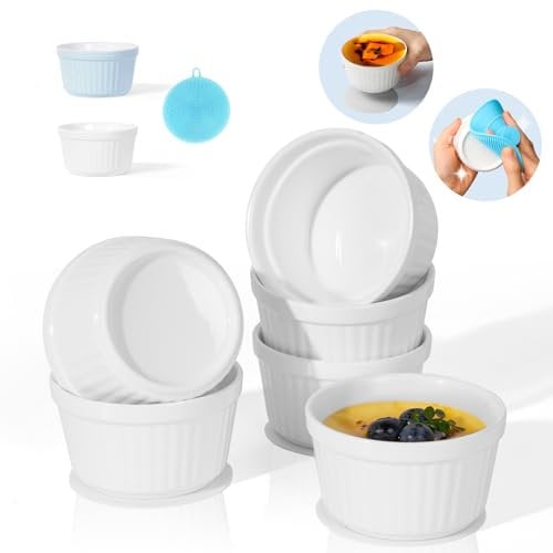 Highkit Ramequin Creme Brulee Lot de 6, 200 ml Moules à Soufflé en Porcelaine, Ramequins Individuels pour Pudding, Crème Glacée, Sauce, Ramequin Dessert pour Four et Micro-ondes,9×5.3cm, Blanc