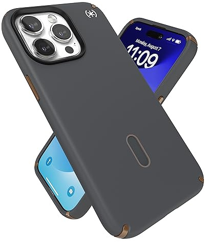 Speck iPhone 15 Pro Max Hülle, ClickLock-Anti-Rutsch-Interlock, gebaut für MagSafe, Fallschutz, Kratzfest, weiche Haptik, 17 cm (6,7 Zoll) Handyhülle, Presidio2 Pro, Anthrazitgrau/Kaltbronze/Weiß