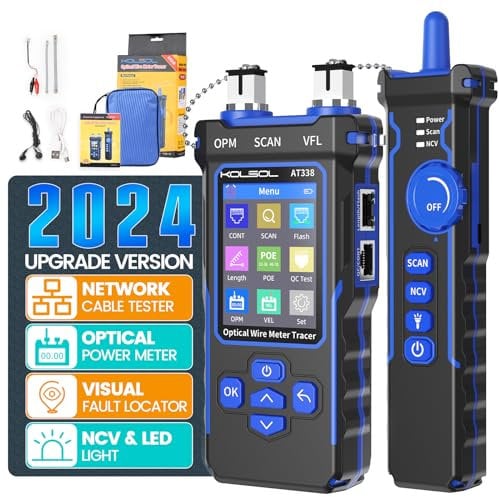 KOLSOL Network Cable Tester with 7 Optical Wavelengths, CAT5 CAT6 Ethernet Tester with 10mW Visual Fault Locator, RJ11 RJ45 Lithium Battery, PoE Wire Tracer with NCV and