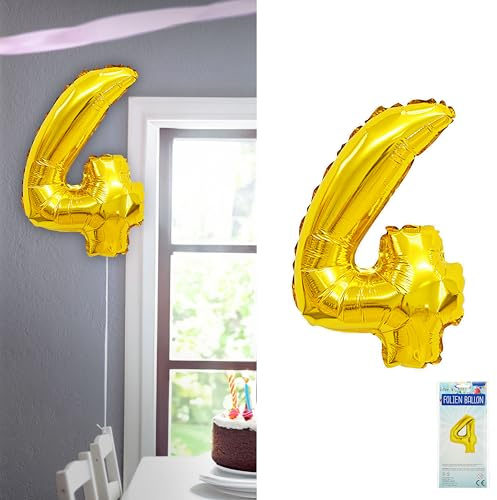Folienballon Zahl Vier | gold H100cm BOPA/PET | Zahlenballon für die Geburtstagsparty (1 x Folienballon 4 gold)