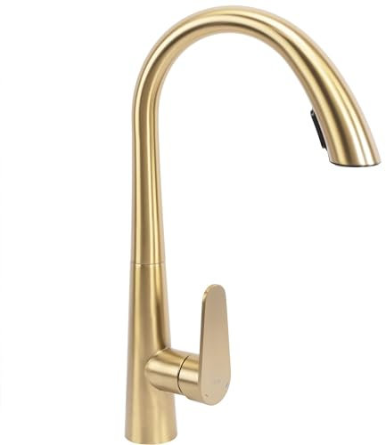 Rea ROSS BRUSH GOLD Küchenarmatur ausziehbar, Messing-Küchenspüle-Mischbatterie, heiß und kalt, verstellbarer Einhebel (Gold)